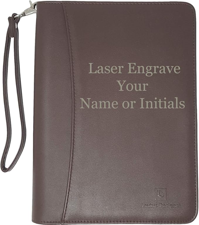 Customized Dark Brown Zippered Portfolio Binder with Junior Legal 5x8 Notepad - Engraved PU Leather Business Padfolio Organizer Folder with 8" Tablet Sleeve & Gift Box by Lautus Designs