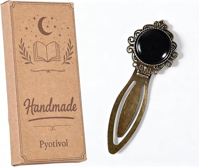 1Pcs Vintage Black Onyx Bookmark with Natural Crystal Stone - Fantasy Brass Metal Black Obsidian Bookmarks for Reading Women, Men, Book Lovers, Girls and Teachers Book Marks(Black Onyx)