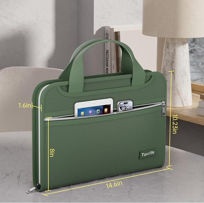 Tamfile Fireproof Accordion File Organizer with Handle, 13 Pocket Transparent Expanding File Folder (Green with Handle, 14.3" x 9.8" (Colour Pocket))
