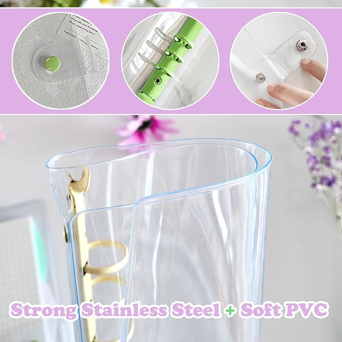 DY.2ten Pack of 2 Transparent Soft PVC 6-Ring Binder Cover with Snap Button Closure for 6 Hole Planner Pages Refill Insert (A5, Clear Cover + Yellow/Green Binder)
