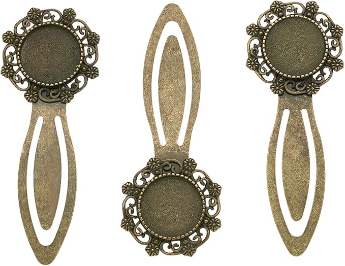 FASHEWELRY 10Pcs Antique Bronze Bookmark Pendant Blank Tray 18mm Flower Round Bezel Base Cabochon Setting Charms