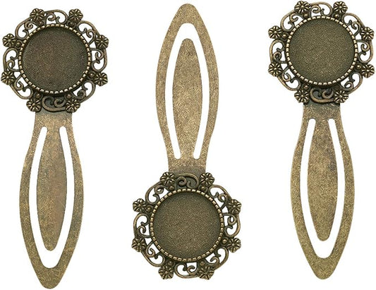 FASHEWELRY 10Pcs Antique Bronze Bookmark Pendant Blank Tray 18mm Flower Round Bezel Base Cabochon Setting Charms