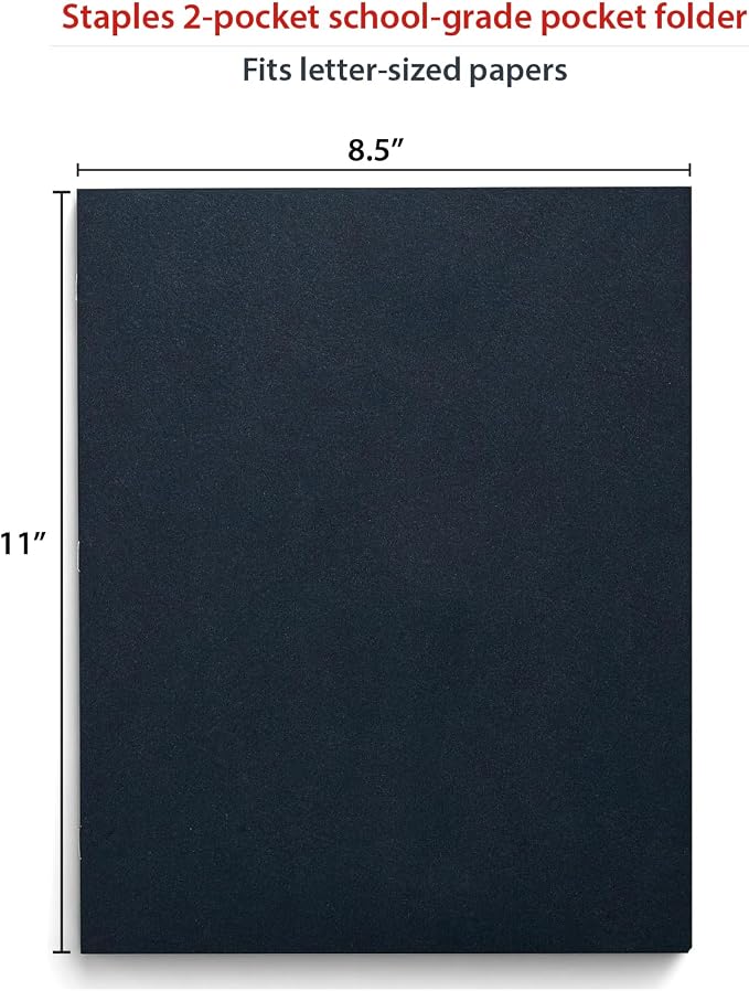 Staples 2‑Pocket Folder, Navy Blue, Letter‑Size Document Folder, Durable Lightweight Paper Folder for School, Office & Home Organization