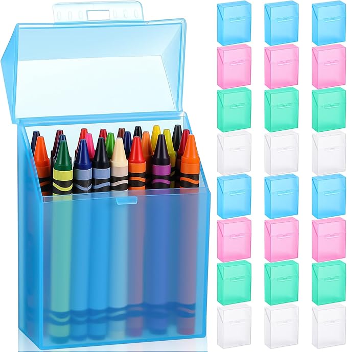 Clabby 24 Pcs Plastic Clear Crayon Box Bulk Holds 24 Crayon With Hinged Lid and Snap Closure for Pens School Office Supply Organization (Pink,Blue,Green,Clear)