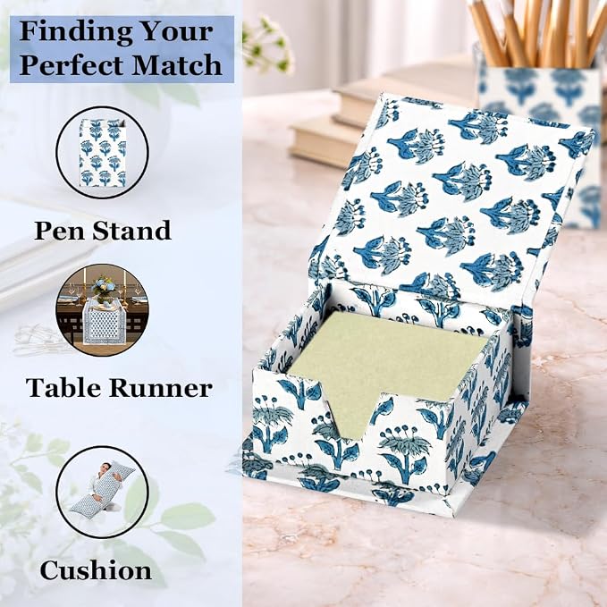 CPC Apatite Blue Block Print Cotton Desk Organizer Sticky Note Holder, 4'' X 4'' X 2'' Cute, Aesthetic, Decor Accessories, Workspace Organizers, Caddy Storage, Gift for Office, Professionals, Student