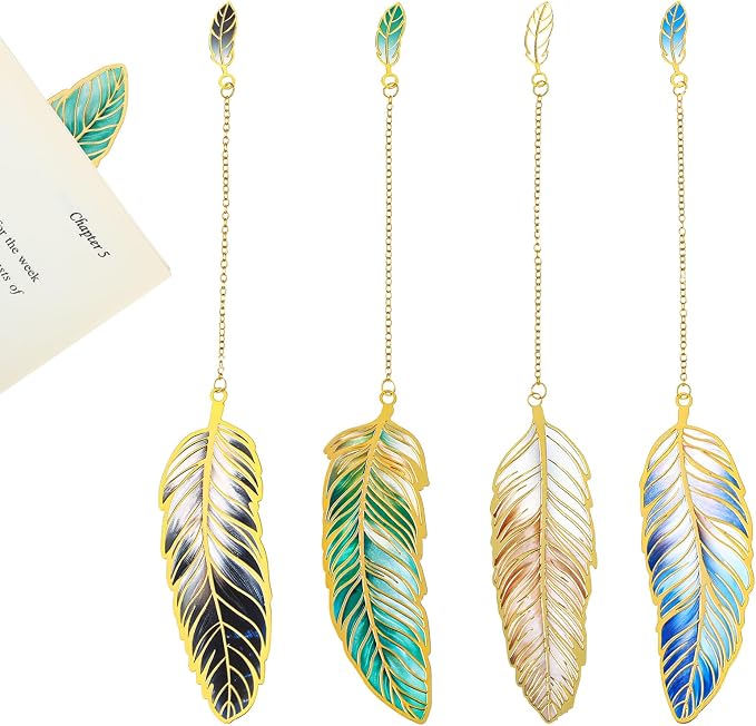 4PCS Feather-Shaped Metal Bookmarks with Chain, Vintage Metal Feather Bookmarks, 4 Styles Fantasy Feathers Bookmark Set for Book Lovers, Readers, Writers, Women, Men (Dark Night, Aurora, Stars, Mist)