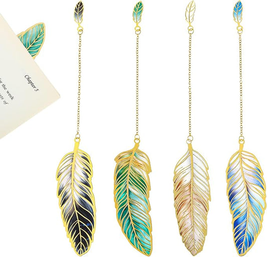 4PCS Feather-Shaped Metal Bookmarks with Chain, Vintage Metal Feather Bookmarks, 4 Styles Fantasy Feathers Bookmark Set for Book Lovers, Readers, Writers, Women, Men (Dark Night, Aurora, Stars, Mist)
