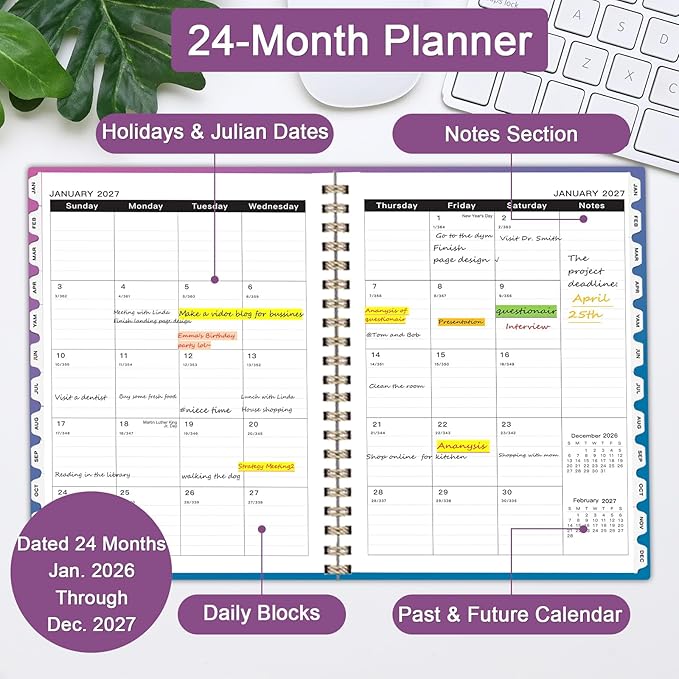 Ymumuda 2026 Monthly Planner - 2 Year Monthly Planner, JAN.2026 to DEC.2027, 8.5" x 11", Large Calendar with Spiral Bound, 24 Coated Tabs,24 Months Perfect for School & Office Schedule,Blue & Purple