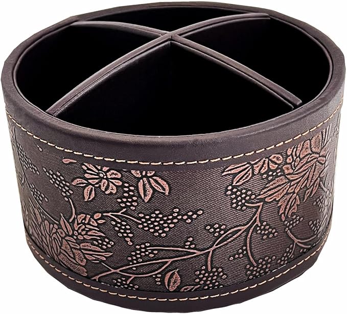 PU Leather Round TV Remote Control Holder for Table,360° Swivel Office Supply Desktop Organizer,4 Compartments Phone/Pen/Pencil Holder,Suitable for Stationery/Heater Controllers Etc (Antique)