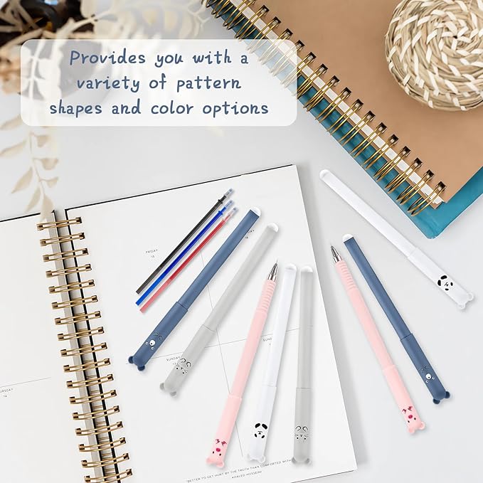 8pcs Erasable Gel Pens, 0.5mm Cute Erasable Pens Black and Blue with 30 Refills, Animal Rollerball Pens for Adult Writing Note Taking Office Supplies