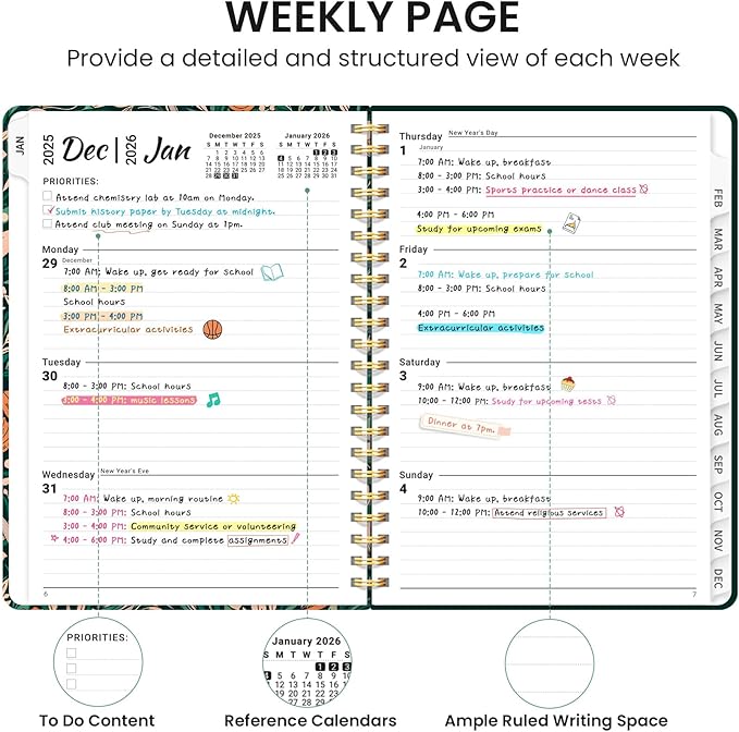 2026 Planner, Weekly and Monthly Calendar Planner for Women, Jan 2026 - Dec 2026, Hardcover Planning Agenda book with Tabs, Spiral Bound, Inner Pocket, Perfect for School Office Supplies, 6.3" x 8.5" - Verdant Bloom