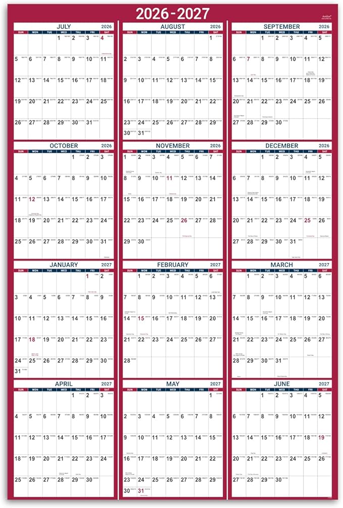 2026-2027 Yearly Wall Calendar - 2026-2027 Calendar, July 2026 - June 2027, 34.4" x 22.8"(Open), Yearly Wall Calendar 26-27, Vertical Layout, Double-Sided Round Stickers, Large Calendar - Red