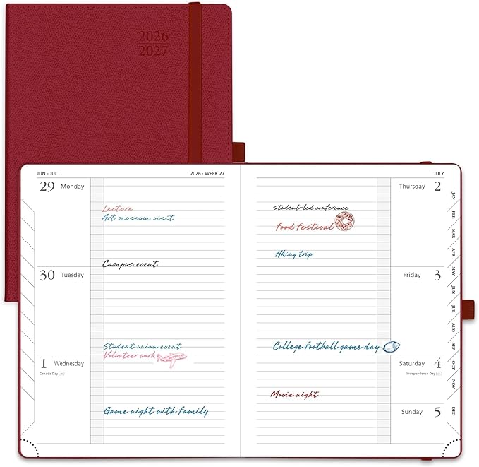 POPRUN Planner 2026-2027 (Medium 6.75"x 8.75"), Horizontal Weekly Notebook Jul.2026 - Jun.2027, Academic Appointment Book with Monthly Tabs, Leather Hardcover, 100 GSM - Burgundy