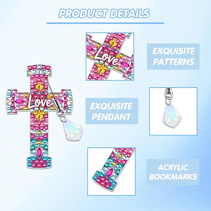 Cross Diamond Art Bookmark Kit: 8 Pcs Christian Bookmarks with Pendant, Spiritual Diamond Painting Book Mark Gifts for Reading Lovers DIY Crafts