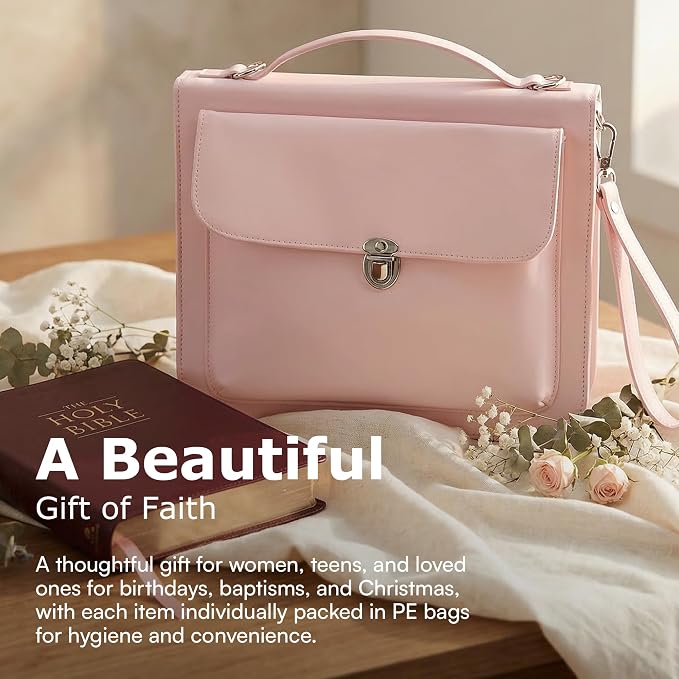Bible Cover Case for Women - Bible Case with Shoulder Strap, Pink Bible Cover Standard Size Featuring Book Protector with Turn Lock Closure - Durable & Travel Friendly Design that Fits Most Bibles