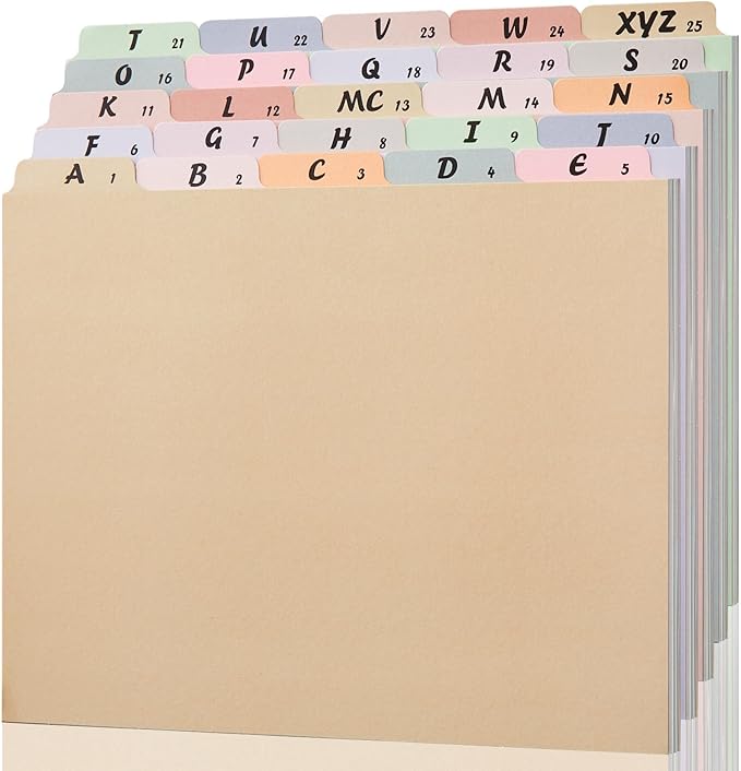 1 Set 25 Alphabet File Dividers A-Z Top Tab File Guides Letter Size 1/5 Cut Tab Manila Alphabetical File Organizer File Cabinet Dividers for Work Office Home School and Desk Organizer(Classic)