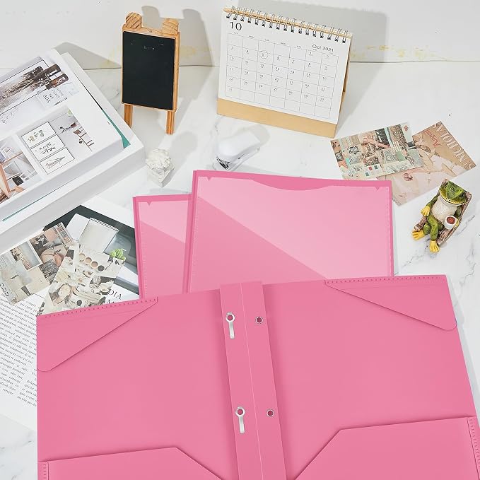 Henoyso 36 Pcs Plastic Folder with Clear Front Pocket and 3 Prong Plastic Folders with Card Slot Pocket Folders with Prongs for School Office (Pink)