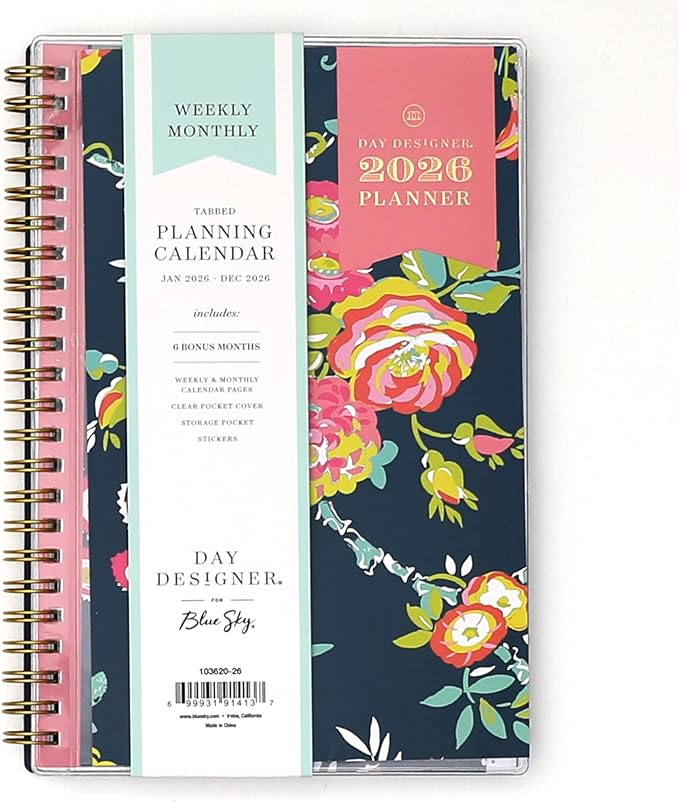 Blue Sky Day Designer 2026 Weekly and Monthly Planner Calendar, January 2026 - December 2026, 5" x 8", Clear Pocket Cover, Durable Twin Wire Binding, Includes Storage Pocket, Stickers, Peyton Navy