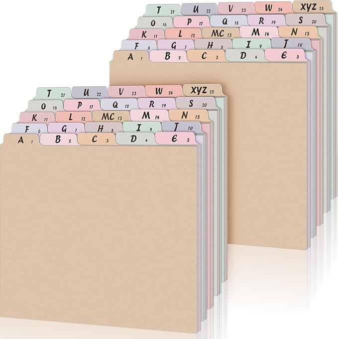2 Set 50 Pcs Alphabet File Dividers A-z Top Tab Guides Set, Letter Size Filing Organizers 1/5 Cut Alphabetical File Folder Tabs for Home, Office, School(Classic Colors)