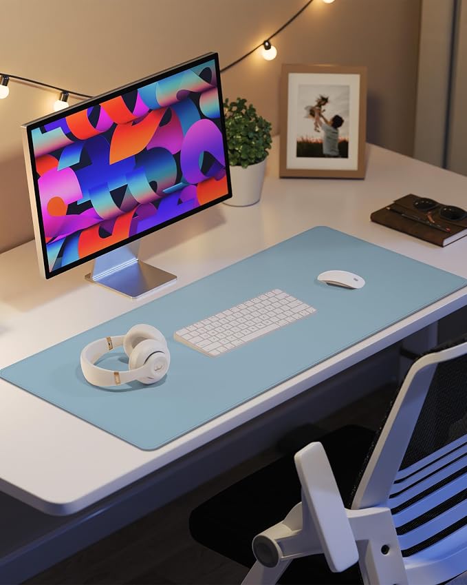AFIING Desk Pad Protector 23.6" x 13.7" - Non-Slip Waterproof PU Leather Desk Mat for Mouse, Keyboard, Laptop, Office and Home Workspace (Light Blue)