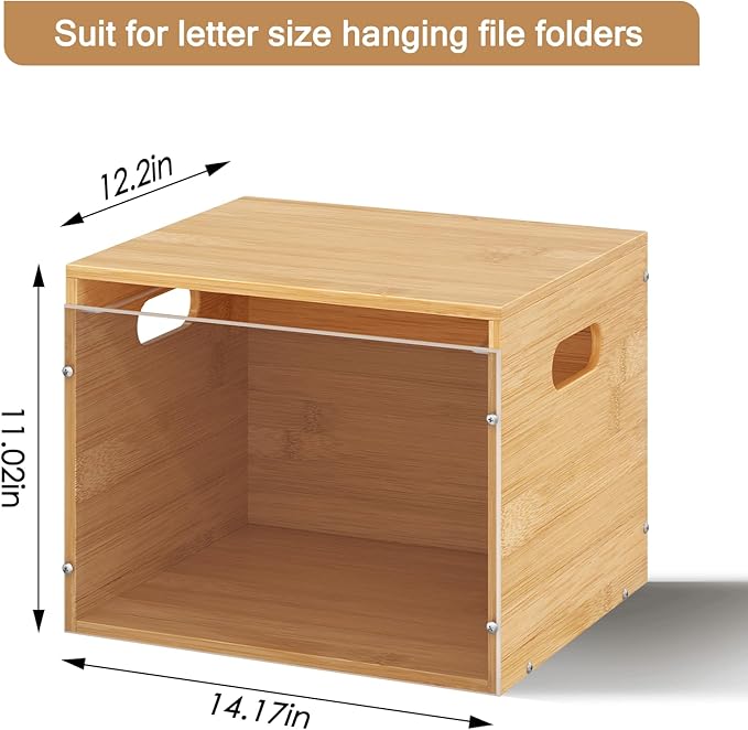 Sbanmao Acrylic File Organizer with Lid, Bamboo File Box with Handle, Hanging File Folder Organizer, Portable Filing Organizer File Crate Storage Box for Home Office Classroom, Letter Size