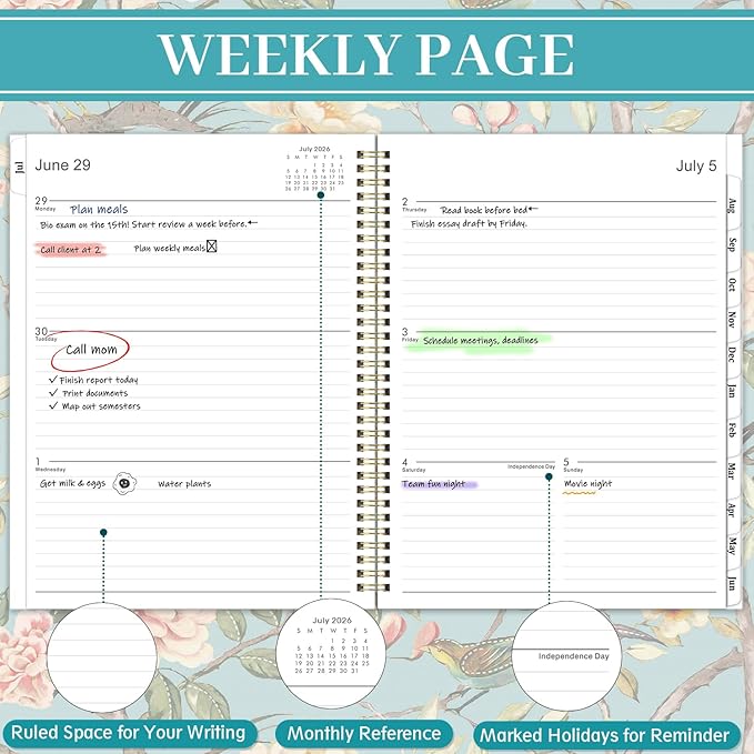 Planner 2026-2027 / 9'' x 11'' Academic Planner 2026-2027, July 2026 - June 2027 Academic Calendar with Weekly and Monthly Planning Page, Planners 26-27 with Tabs, Premium Thick Paper, Strong Gold Twin-wire Binding, Back Pocket - Floral
