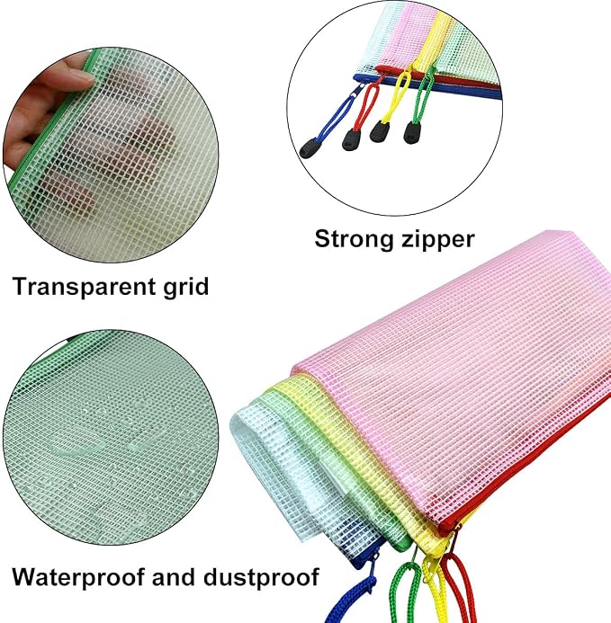 12 Pack Document Zipper Pouch Travel File Mesh Bags A4 A5 A6 Size School Office Supplies Colors Plastic Bag for Storage Waterproof Zip Folders Cosmetics Pouches Letter Pencil PVC Organizing for Home