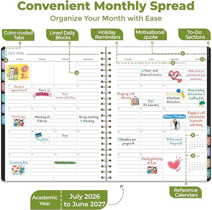 Vinspire 2026 Planner - Yearly, Monthly, and Weekly Planner 2026-2027 for Teachers & Students - Spiral US Academic Year Student Calendar Planners with Notes Pages 2026 Planner Weekly and Monthly - Large (Black, 8.5"×11")
