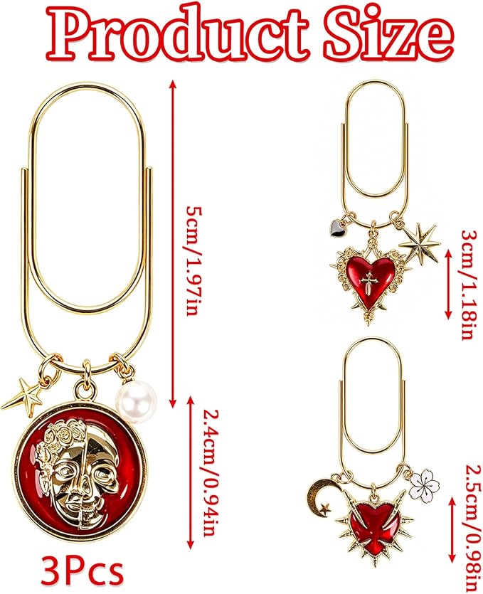 Wxiben Gothic Paper Clip Bookmark - 3 Pcs Red Heart Metal Paperclip Book Mark with Charms Page Marker Planner Decorative Paper Clips Gifts for Women Reading Book Lover School Accessories
