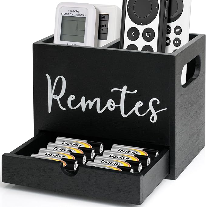 Remote Control Holder, 2 Slot TV Remote Holder& Desk Organizer with Drawers, Remote Organizer Caddy for Table, Wooden Remote Box for Nightstand,Media Storage Box for Living Room, Bed (Black)