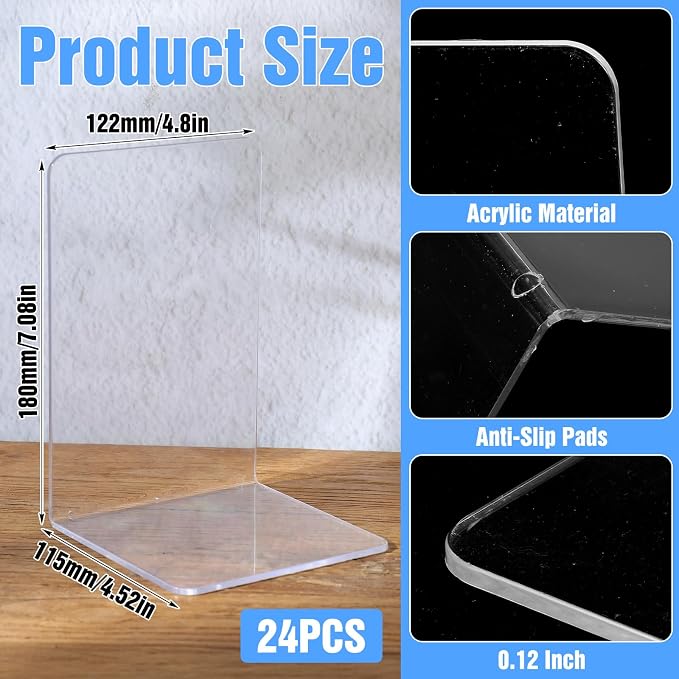 24 Pieces Book Ends, Clear Acrylic Bookends for Shelves, Heavy Duty Book Holders, Non Skid Decorative Bookends or School, Library,Desktop Organizer and Book Shelves Office, 4.9 x4.33 x 7.08in