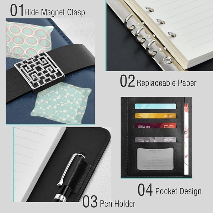 Polka Dot Striped Floral Wave PU Leather Notebook A5 Binder 6 Ring Refillable Journal with Magnetic Buckle Closure Loose Leaf Travel Office Planner Budget Binder Notepad Portfolio