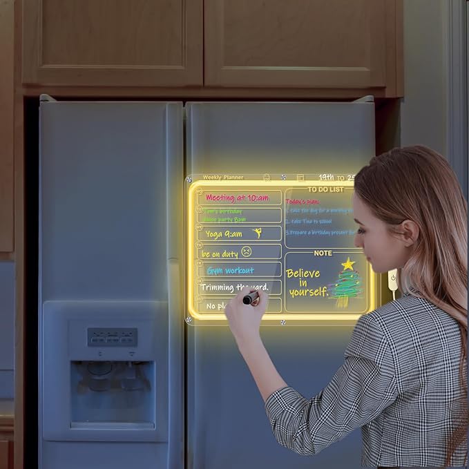 Acrylic Weekly Board for Fridge with Light,16"x12" Weekly Board Fridge Memo Dry Erase Board Set for Refrigerator,Glass,Wood Wall,Office with 6 Colors Markers