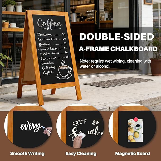 4 THOUGHT A-Frame Double-Sided Magnetic Chalkboard 40"x20", Solid Pine Wood Freestanding Sandwich Board for Restaurants, Cafes, Weddings (Caramel)
