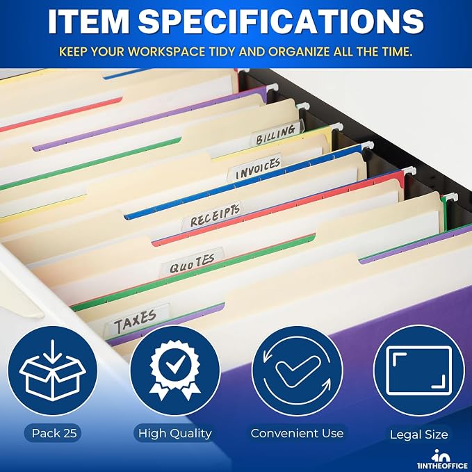 1InTheOffice Legal Size Hanging File Folders, File Folders Hanging with Tabs, Colored Hanging File Folders, 5 1/5 Cut Tab, Reinforced, Assorted Color, 25 Pack