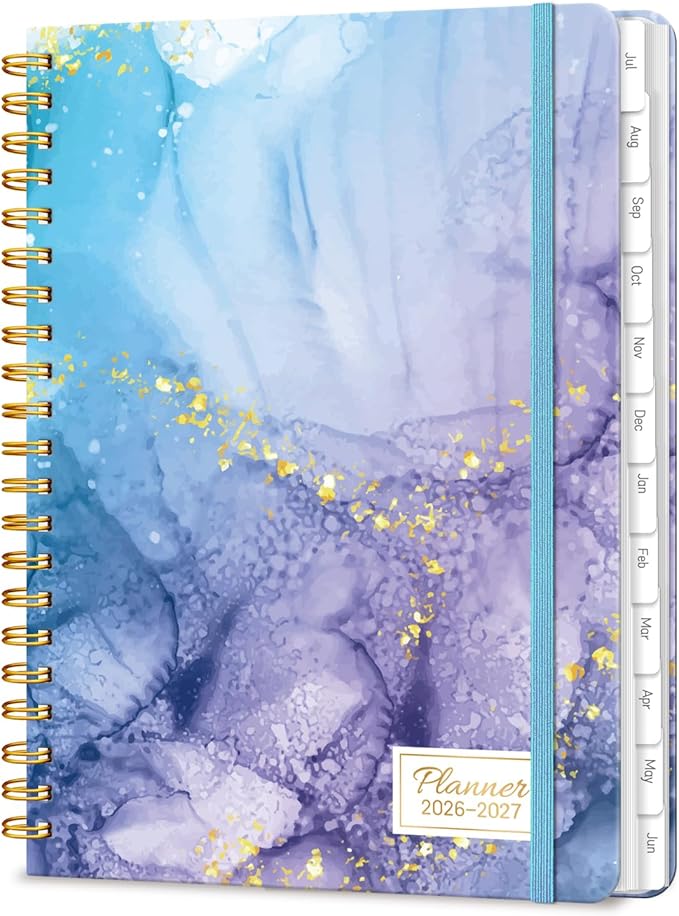 Lonely Oak Academic Planner 2026-2027, Daily Weekly and Monthly Agenda Planner 6.18" x 8.5" with Tabs, 12 Months Spiral School Year A5 Calendar from Jul.2026 to Jun.2027 for Student and Teacher (Blue Marble)