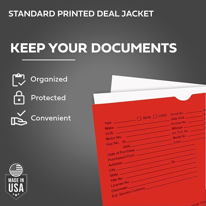 Printed Vehicle Deal Envelopes 9x12 Deal Jackets (100 shrink wrapped) (Red)