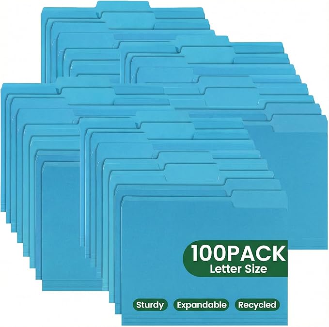 Colored File Folders, Letter Size, 1/3 Cut Tab. Chromatic Manila Folders 8.5 x 11 for Documents, Basic File Folders with Foldable Lines, Carpetas para Documentos for Office, School (100, Blue)