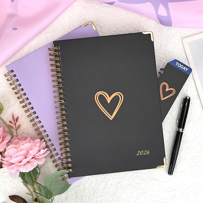 2026 Planner, Jan.2026 - Dec.2026 Weekly Monthly Planner 6.25"x8.5" with Page Tabs, Calendar Hardcover with Inner Pocket, Elastic Band, Twin-Wire Binding, Bookmark, Black Love Heart