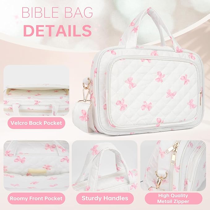 Bible Cover Case for Women Bible Study Supplies Church Camp Essentials Christian Gifts for Women Journaling Kit Quilted Large Bible Book Sleeve (Pink Bow, Large)