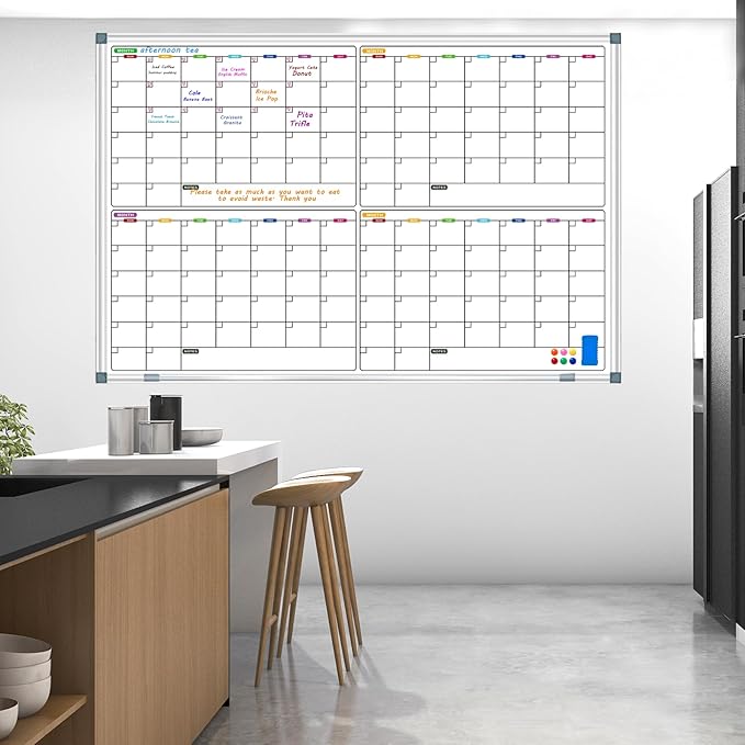 Dry Erase Board Calendar Whiteboard 60" x 40", 4 Month Large Magnetic Whiteboard for Wall Calendar Dry Erase Board Wall Mounted Board White Board Planner for Office Home and School