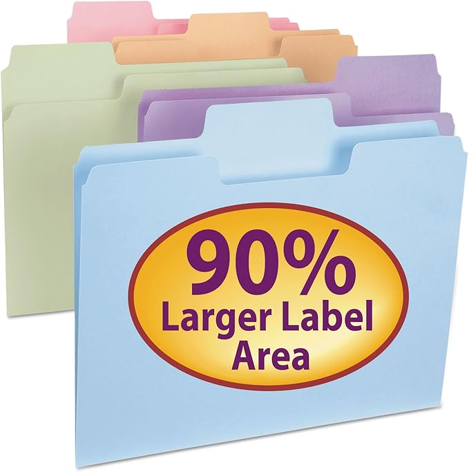 Smead SuperTab File Folders, Oversized 1/3-Cut Tab, Letter Size, Assorted Pastel Colors, 24 per Pack (11927)