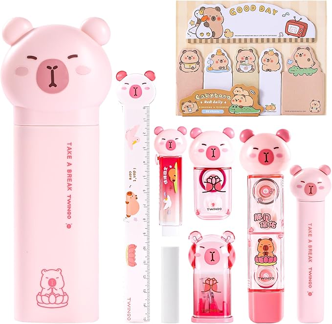 9 Pcs Cute Capybara Stationary Set Kawaii School Supplies Japanese Stationery, Includes Pencil Sharpener, Eraser, Correction Tape, Glue Tape, Sticky Notes, Ruler, Scissors for Office School Supplies