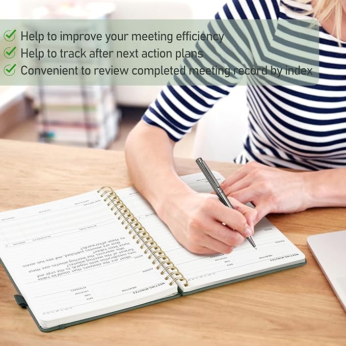 WEMATE 5 Pack Meeting Notebooks for Work（7"x10"） 200 Pages, PU Leather Notebook with Action Items & Note, For Staff & Students, Meeting, Projects Planning- Black, Blue, Green, Olive Green, Dark Blue