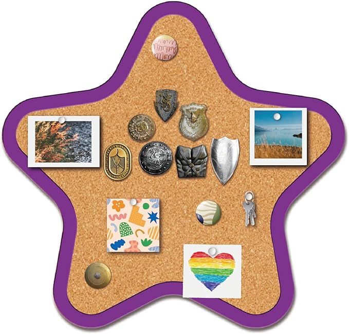 CRASPIRE Star Pin Cork Board Framed Bulletin Display Badge 10.23x9.8In Wooden Purple Decorative Corkboard Wall Mounted Memory Memo Brooch Lapel Holder Storage for Home Office School Classroom Wedding