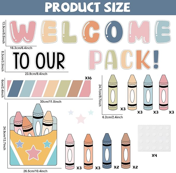 Boho Welcome to Our Pack Bulletin Board Set Crayons Back to School Classroom Decorations Colorful Crayon Theme Name Tags Crayon Box Star Cutouts for Classroom Teachers Chalkboard Home Wall Door Decor