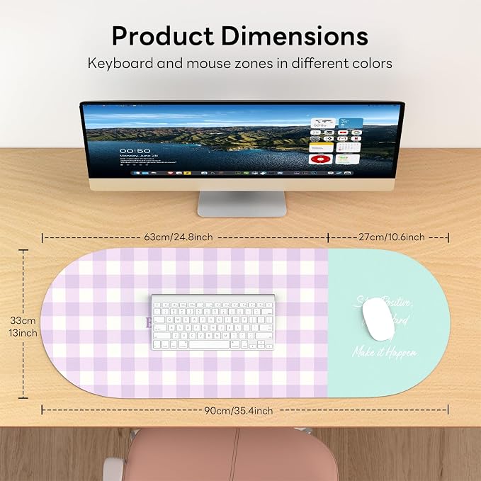 Checkered Pattern Desk Pad Protector, 35.5 x 13'' Aesthetic Mouse Mat for Desktop, Waterproof PU Leathe Non-Slip Desk Writing Pad for Office and Home, Purple and Blue
