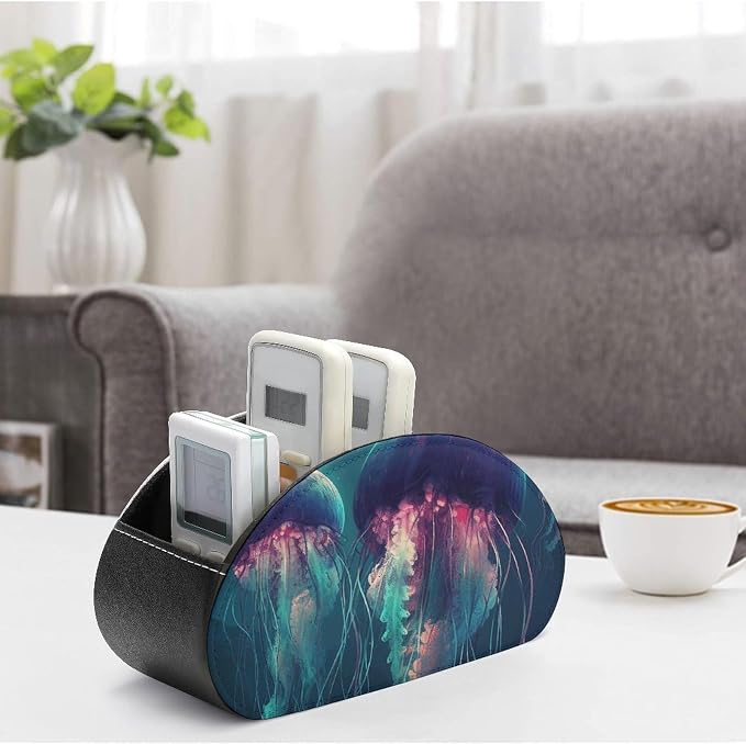 Color Jellyfish Remote Control Holder TV Remote Caddy with 5 Compartments PU Leather Storage Box Stylish Desk Organizer for TV/DVD/Accessories Desk Office Supplies Home