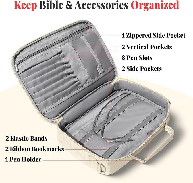 SUNEE Bible Cover for Women, Large Bible Bag w/Shoulder Strap Carrying Book Case w/Pen Slots and Zippered Pocket, Gift for Women & Men, Beige