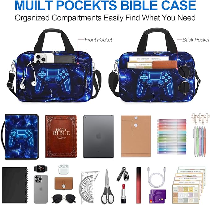 Kids Bible Cover Game Bible Case for Boys Large Carrying Book Case Church Bag Bible Protective with Handle and Zippered Pocket Study Supplies Accessories Men Christian Gifts,Lightning Game